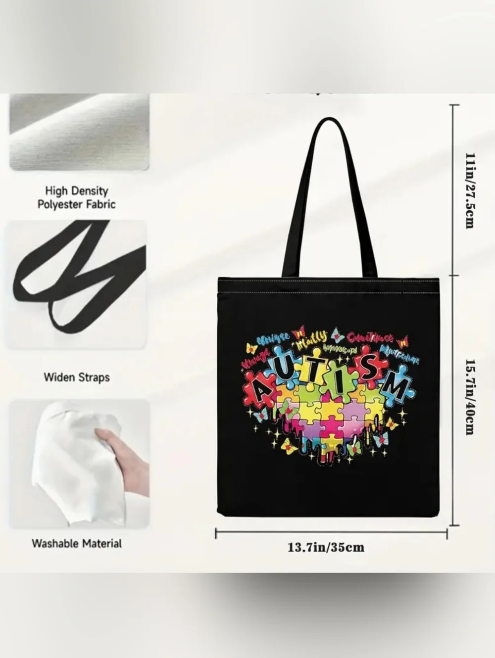 Autism Awareness Puzzle Heart Tote Bag Colorful Shoulder Bag NEW - Picture 2 of 3